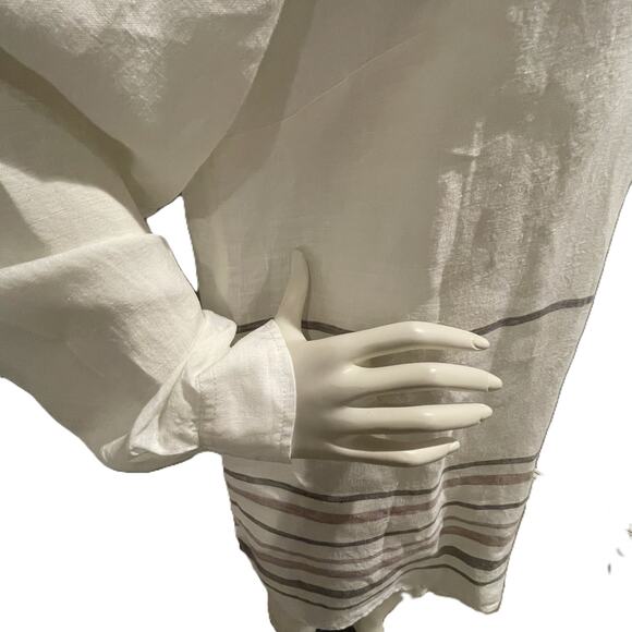 Tahari Linen Tunic Top L Striped Long Sleeve V-Neck Preppy Coastal Boho - Picture 6 of 14
